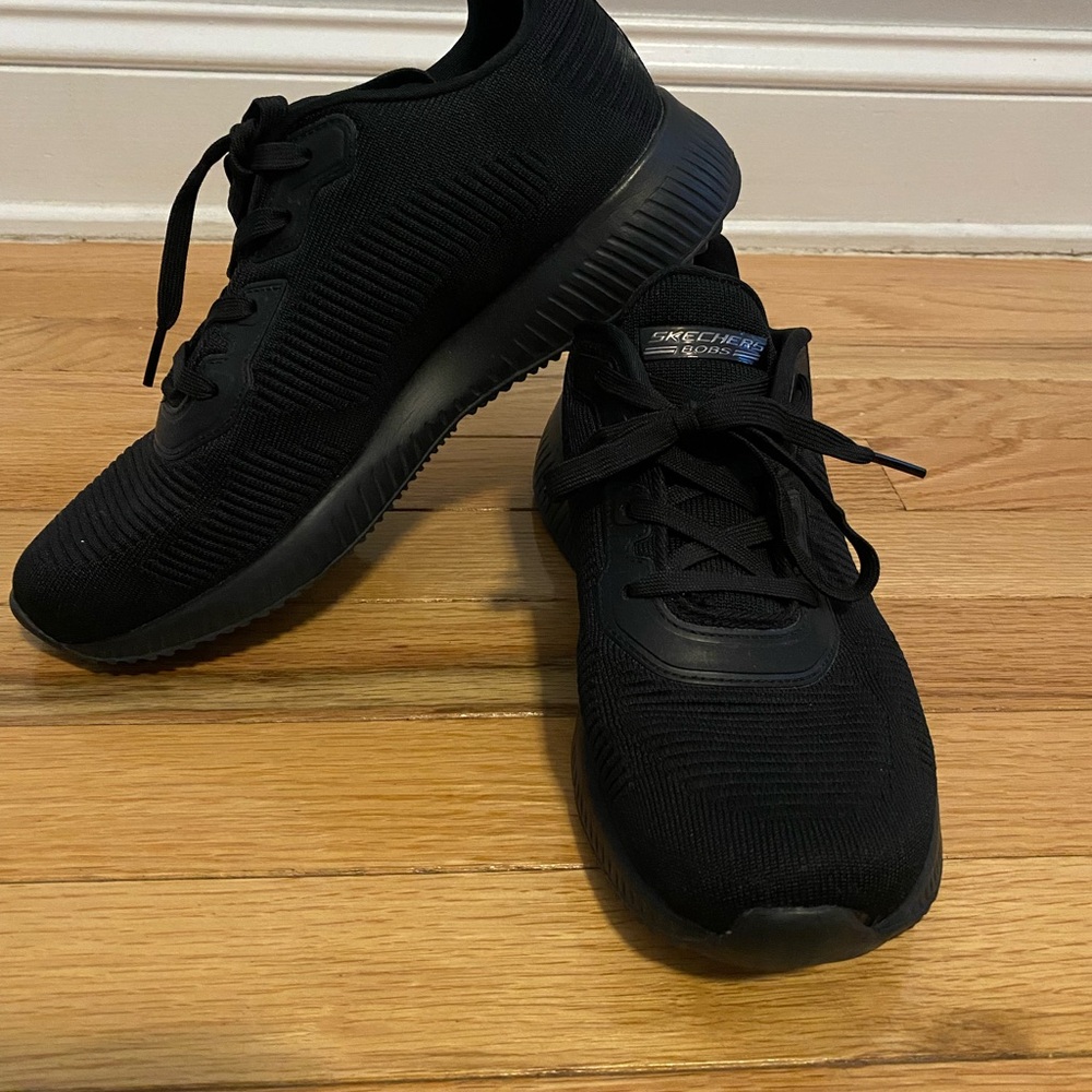 Skechers All-Black Knit Lace-Up Sneakers (Worn Once)